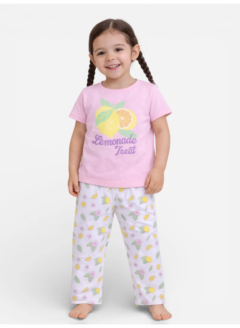 Victor And Jane  Girls Lemonade Print Cotton Pajama Set – T-Shirt & Full Pants Nightwear for Women | Best Price UAE